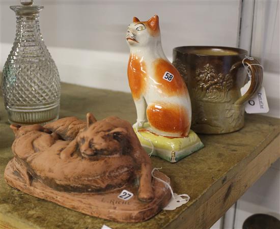 Stoneware hunting mug, a French terracotta cat group & a Staff pottery seated cat